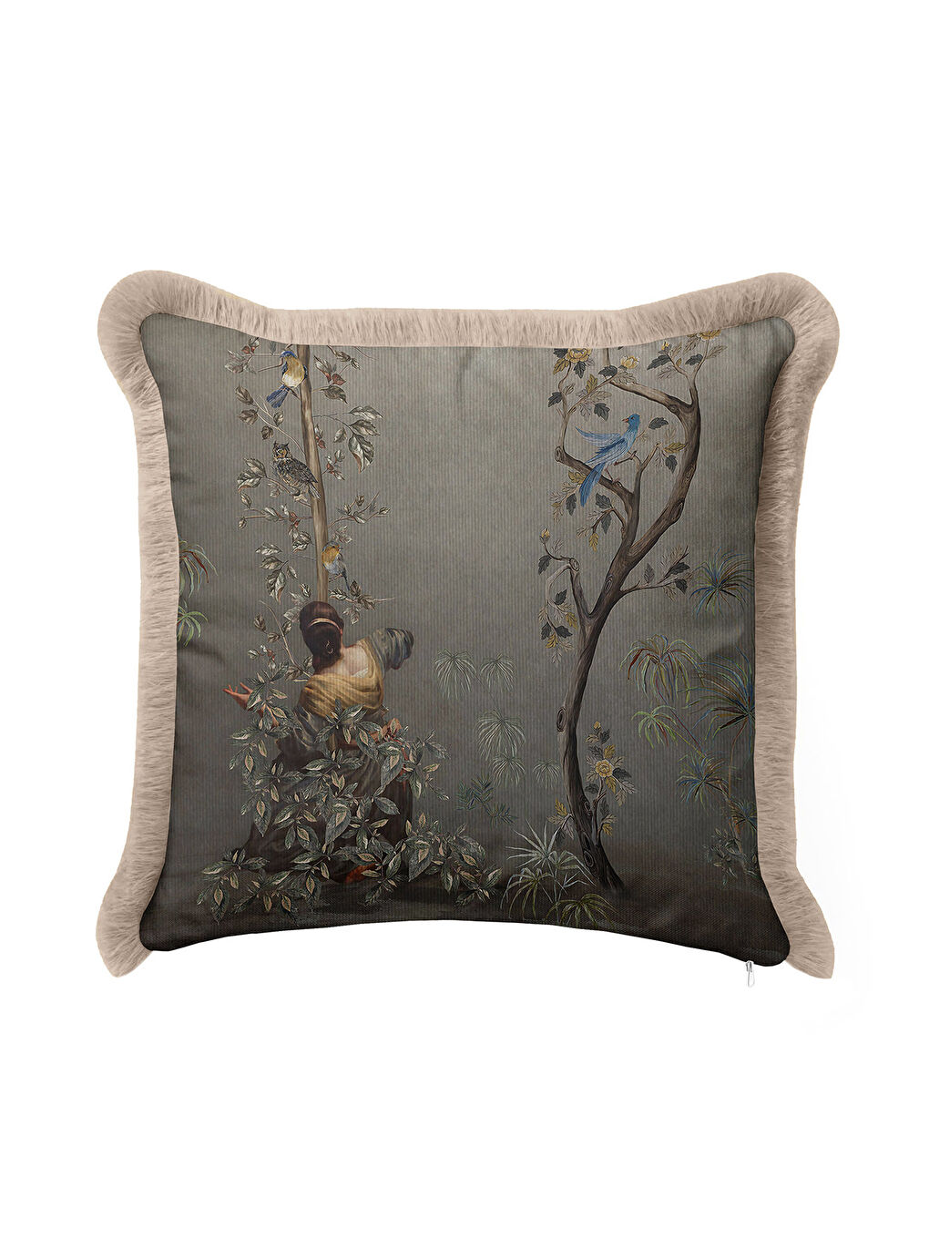 Karışık Çini Esintili Doğal Saçaklı Yastık Kılıfı - Sanatsal Vintage Klasik Gold Gri Püsküllü Kırlent Kılıfı-1