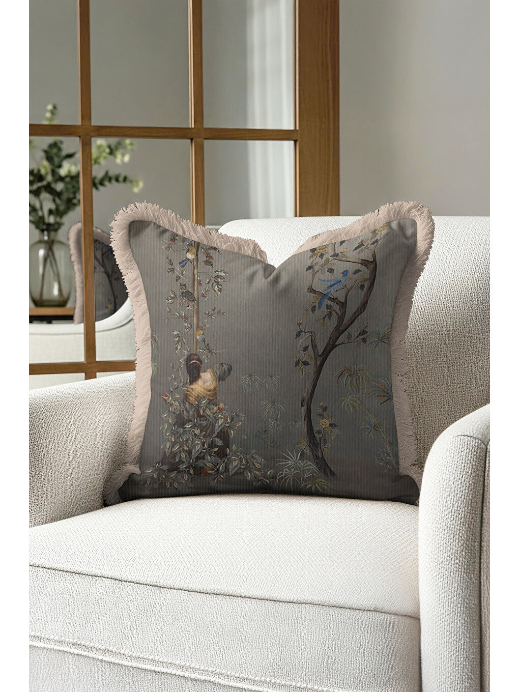 Karışık Çini Esintili Doğal Saçaklı Yastık Kılıfı - Sanatsal Vintage Klasik Gold Gri Püsküllü Kırlent Kılıfı-2