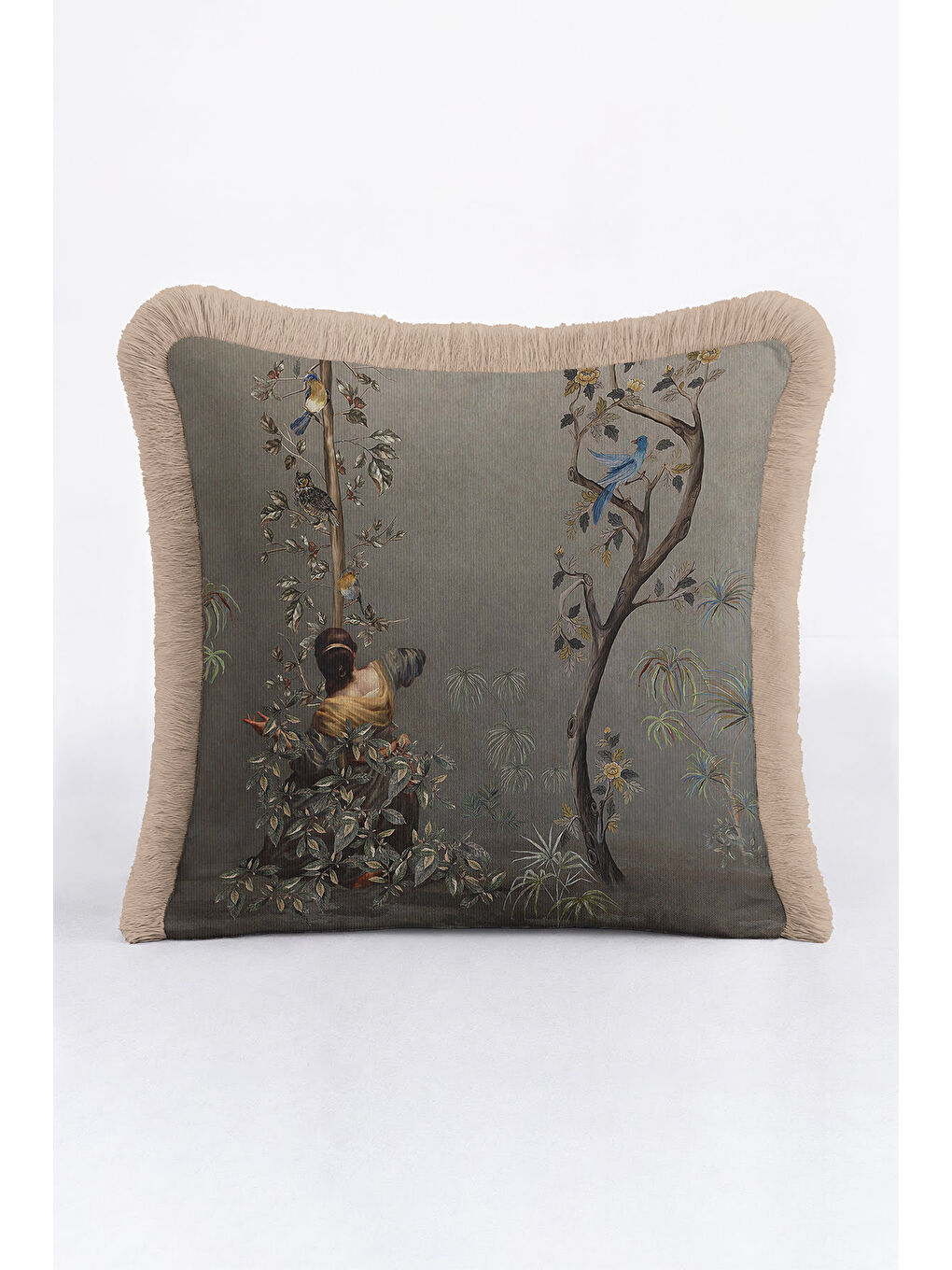 Karışık Çini Esintili Doğal Saçaklı Yastık Kılıfı - Sanatsal Vintage Klasik Gold Gri Püsküllü Kırlent Kılıfı-3