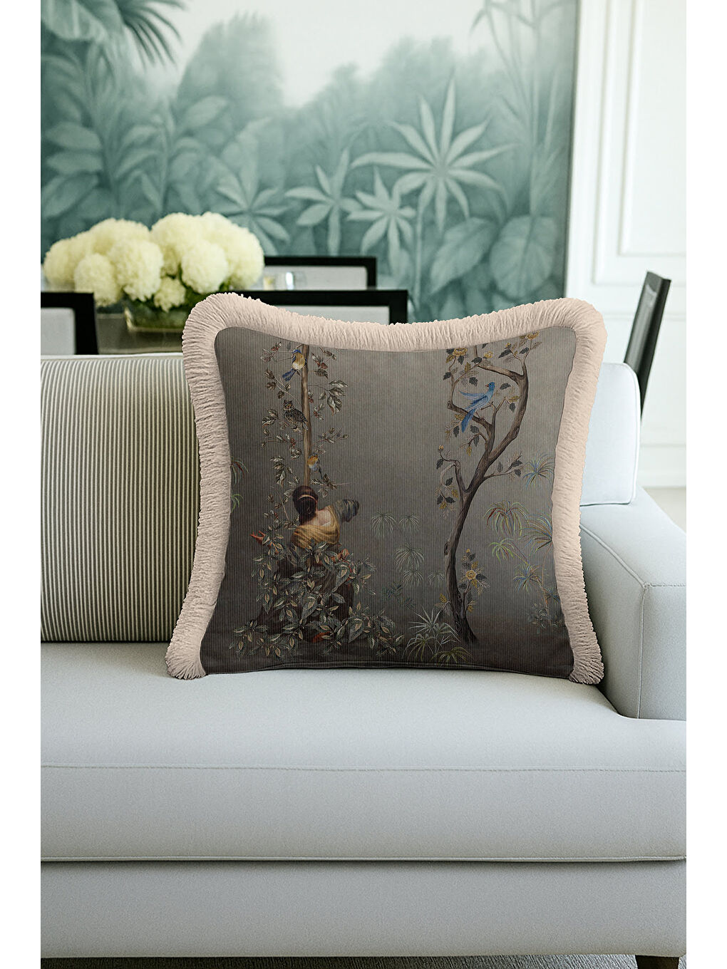 Karışık Çini Esintili Doğal Saçaklı Yastık Kılıfı - Sanatsal Vintage Klasik Gold Gri Püsküllü Kırlent Kılıfı-4