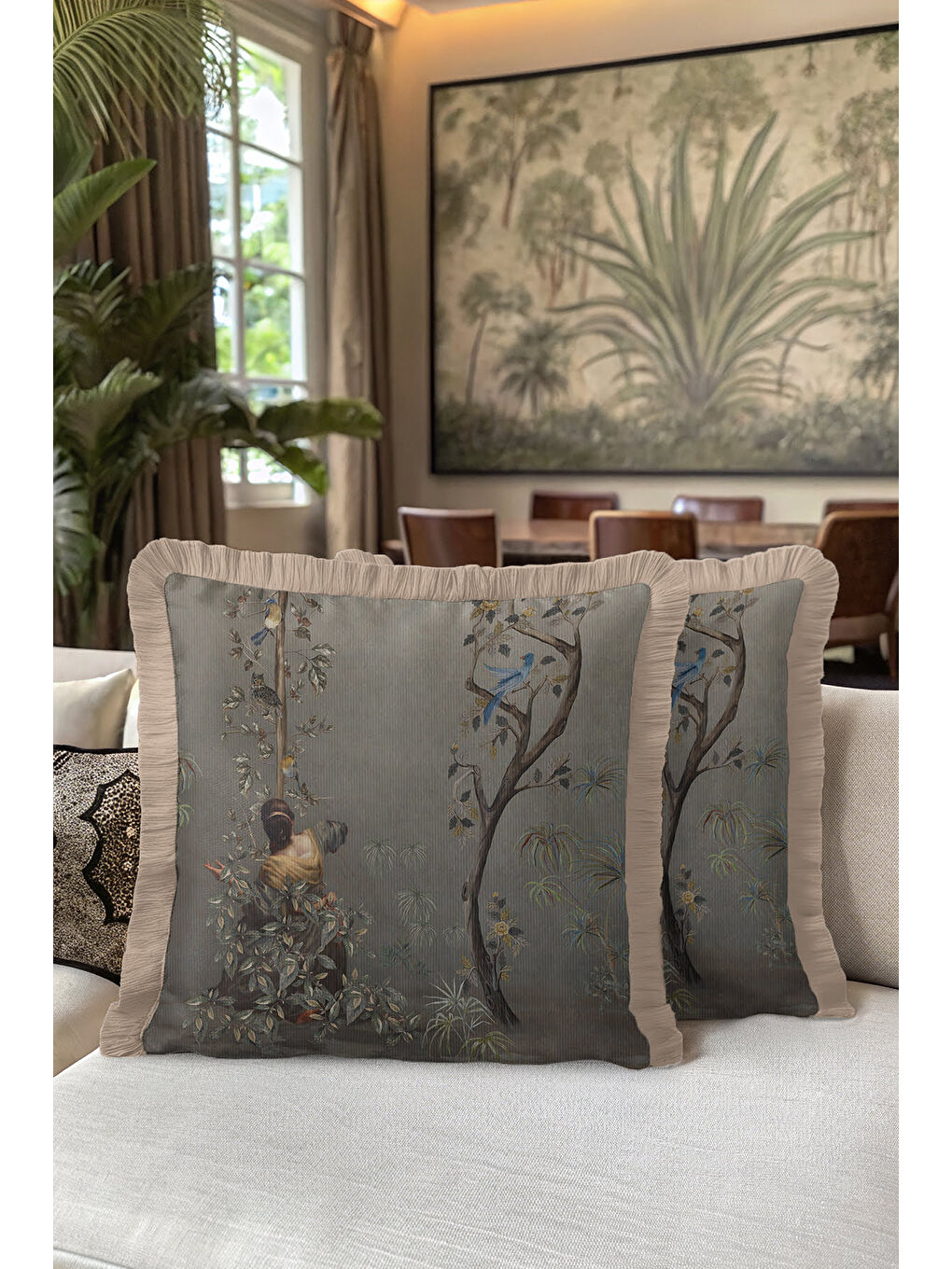 Karışık Çini Esintili Doğal Saçaklı Yastık Kılıfı - Sanatsal Vintage Klasik Gold Gri Püsküllü Kırlent Kılıfı-5