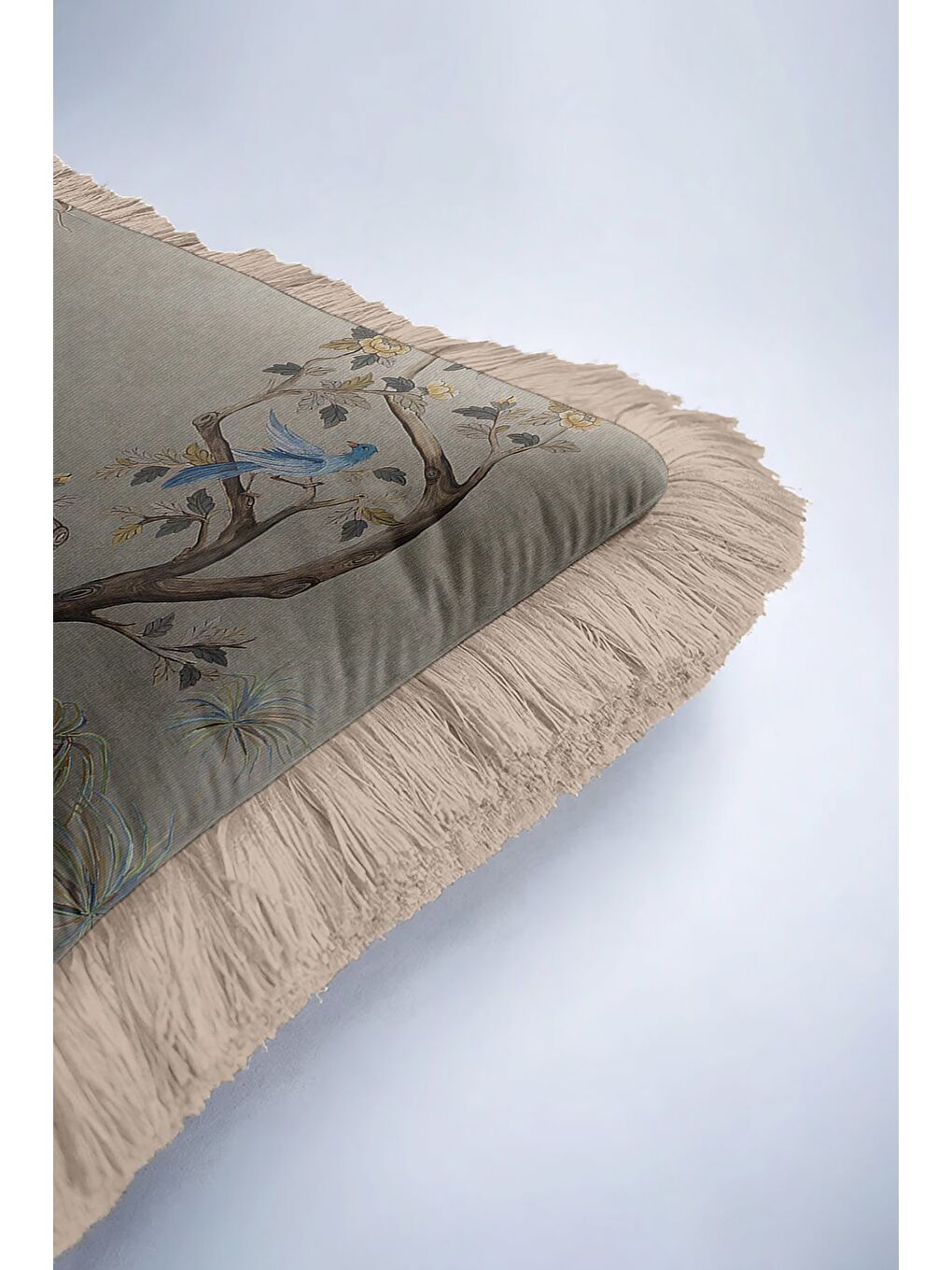 Karışık Çini Esintili Doğal Saçaklı Yastık Kılıfı - Sanatsal Vintage Klasik Gold Gri Püsküllü Kırlent Kılıfı-6