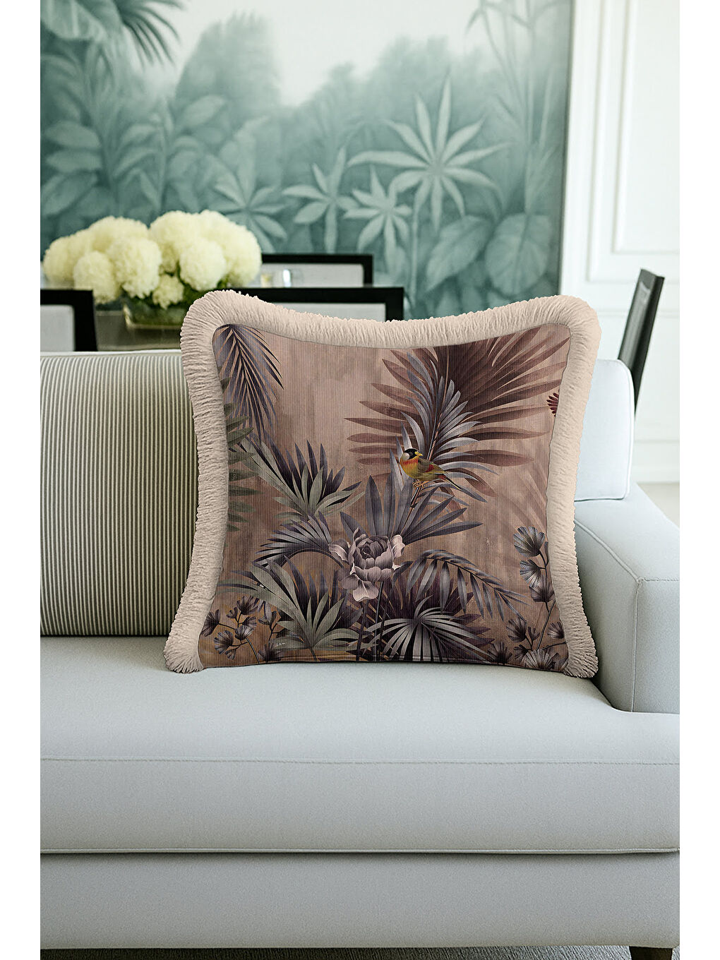 Karışık Tropikal Saçaklı Yastık Kılıfı - Doğal Bohem Vizon Yeşil Püsküllü Kırlent Kılıfı-1