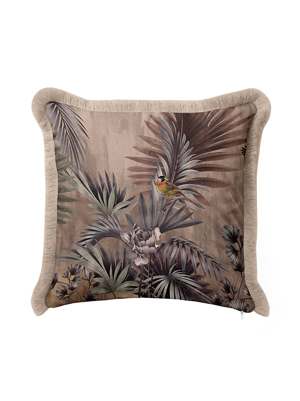 Karışık Tropikal Saçaklı Yastık Kılıfı - Doğal Bohem Vizon Yeşil Püsküllü Kırlent Kılıfı-2