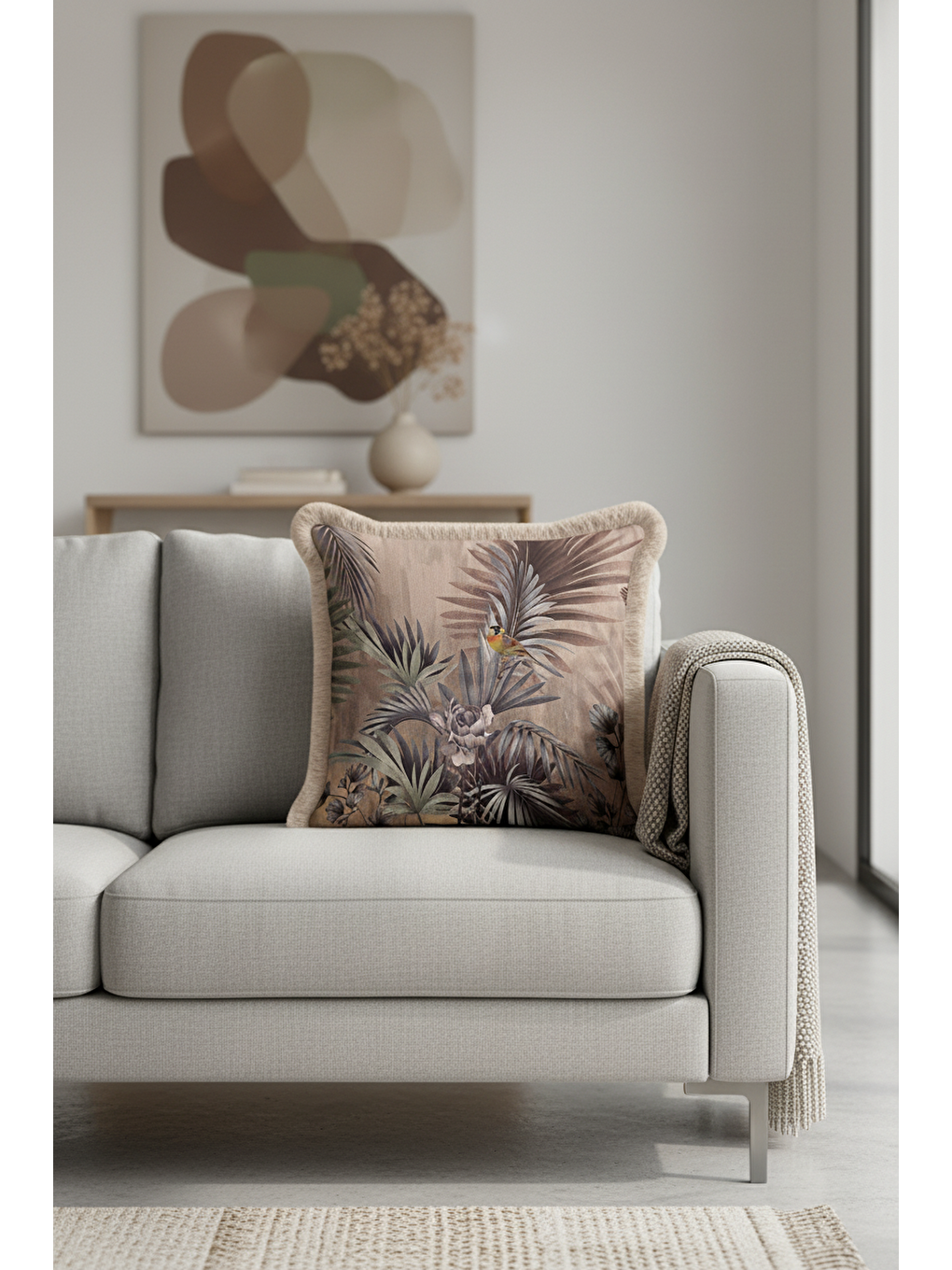 Karışık Tropikal Saçaklı Yastık Kılıfı - Doğal Bohem Vizon Yeşil Püsküllü Kırlent Kılıfı-3