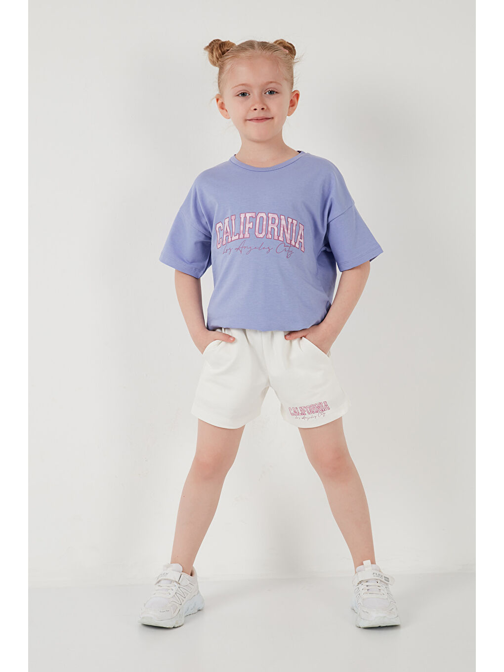 Lila Pamuklu Baskılı Bisiklet Yaka Şortlu Alt-Üst Kız Çocuk Takım 6212004-5