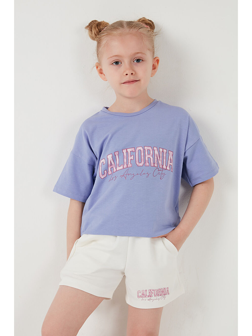 Lila Pamuklu Baskılı Bisiklet Yaka Şortlu Alt-Üst Kız Çocuk Takım 6212004-6