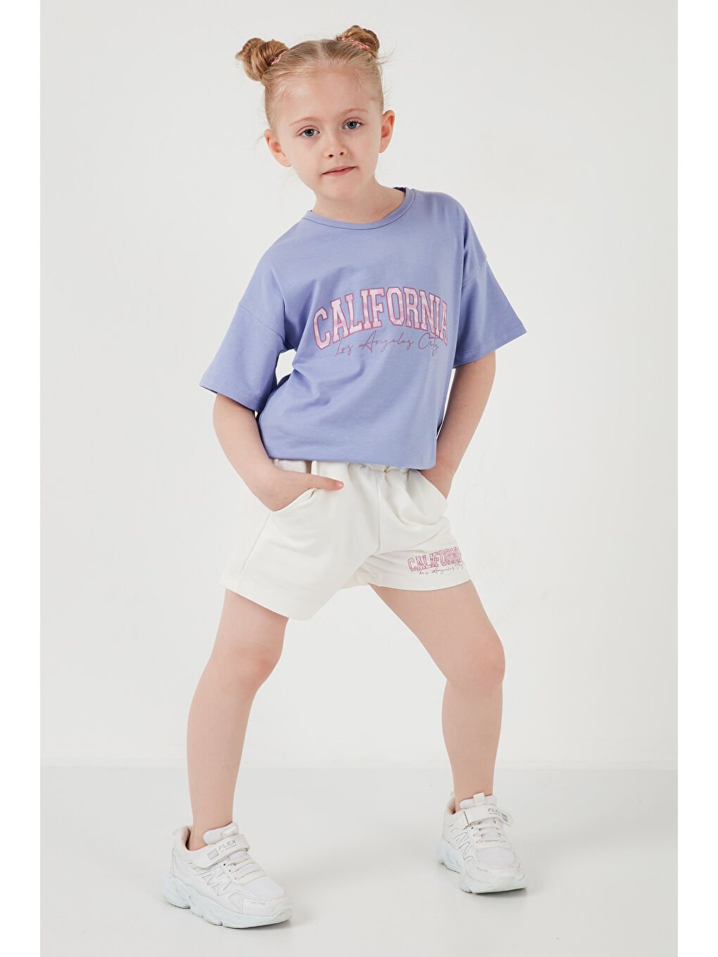 Lila Pamuklu Baskılı Bisiklet Yaka Şortlu Alt-Üst Kız Çocuk Takım 6212004-7