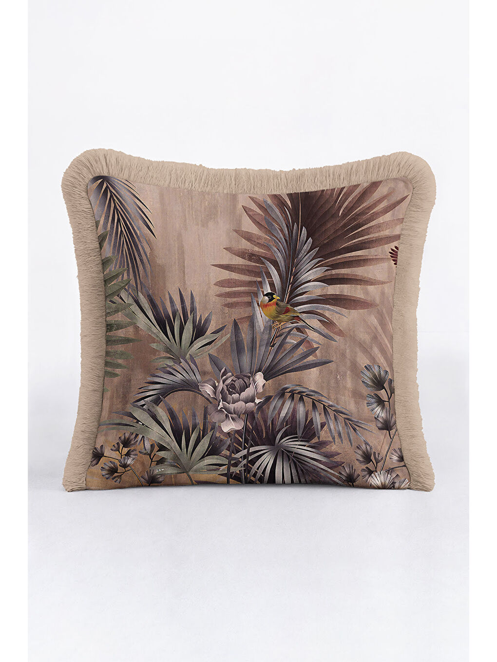 Karışık Tropikal Saçaklı Yastık Kılıfı - Doğal Bohem Vizon Yeşil Püsküllü Kırlent Kılıfı-4