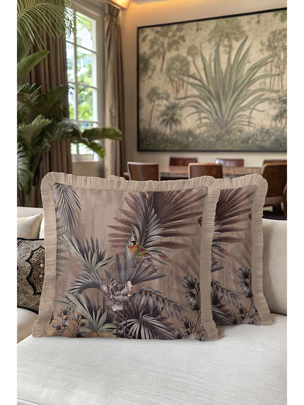 Karışık Tropikal Saçaklı Yastık Kılıfı - Doğal Bohem Vizon Yeşil Püsküllü Kırlent Kılıfı-5