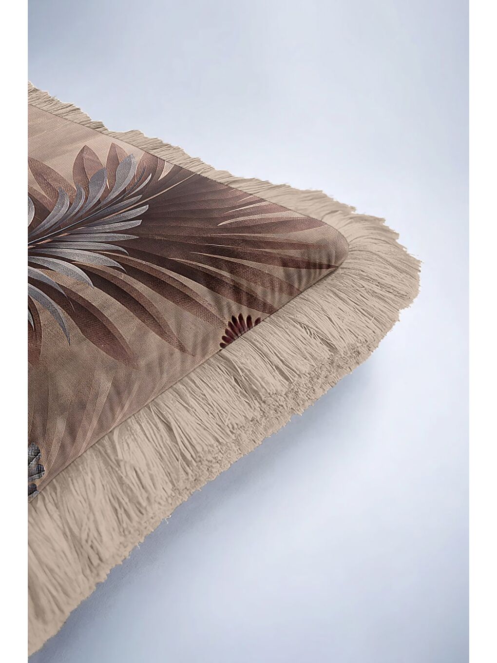 Karışık Tropikal Saçaklı Yastık Kılıfı - Doğal Bohem Vizon Yeşil Püsküllü Kırlent Kılıfı-6