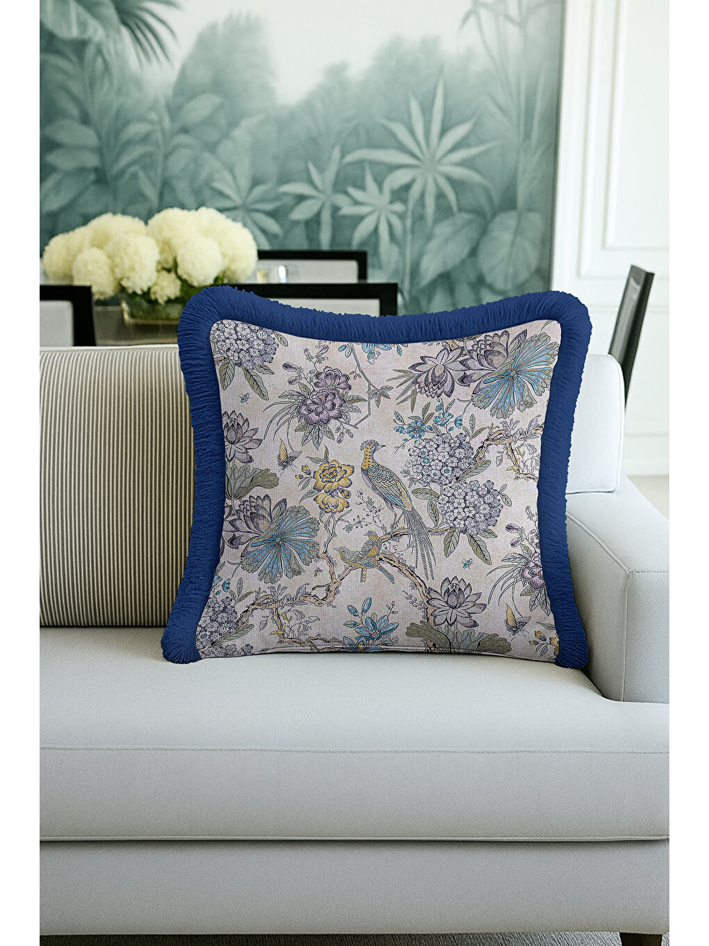 Karışık Doğanın Zarafeti Saçaklı Yastık Kılıfı - Kuş Çiçek Nostaljik Mavi Püsküllü Kırlent Kılıfı