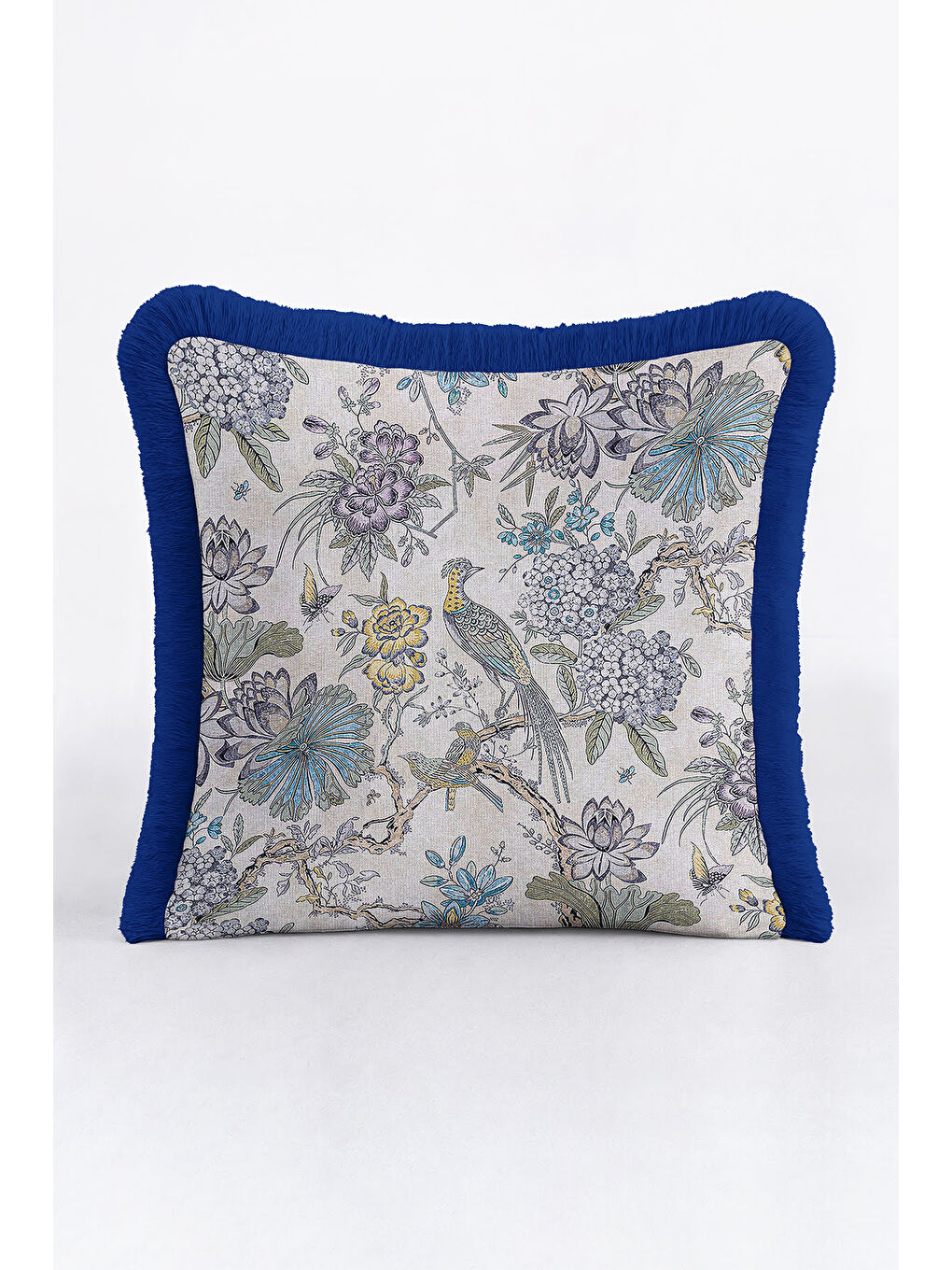 Karışık Doğanın Zarafeti Saçaklı Yastık Kılıfı - Kuş Çiçek Nostaljik Mavi Püsküllü Kırlent Kılıfı-1