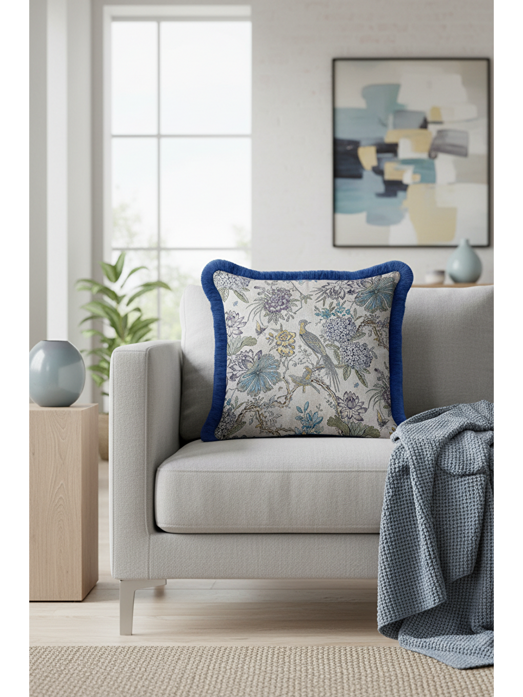 Karışık Doğanın Zarafeti Saçaklı Yastık Kılıfı - Kuş Çiçek Nostaljik Mavi Püsküllü Kırlent Kılıfı-2