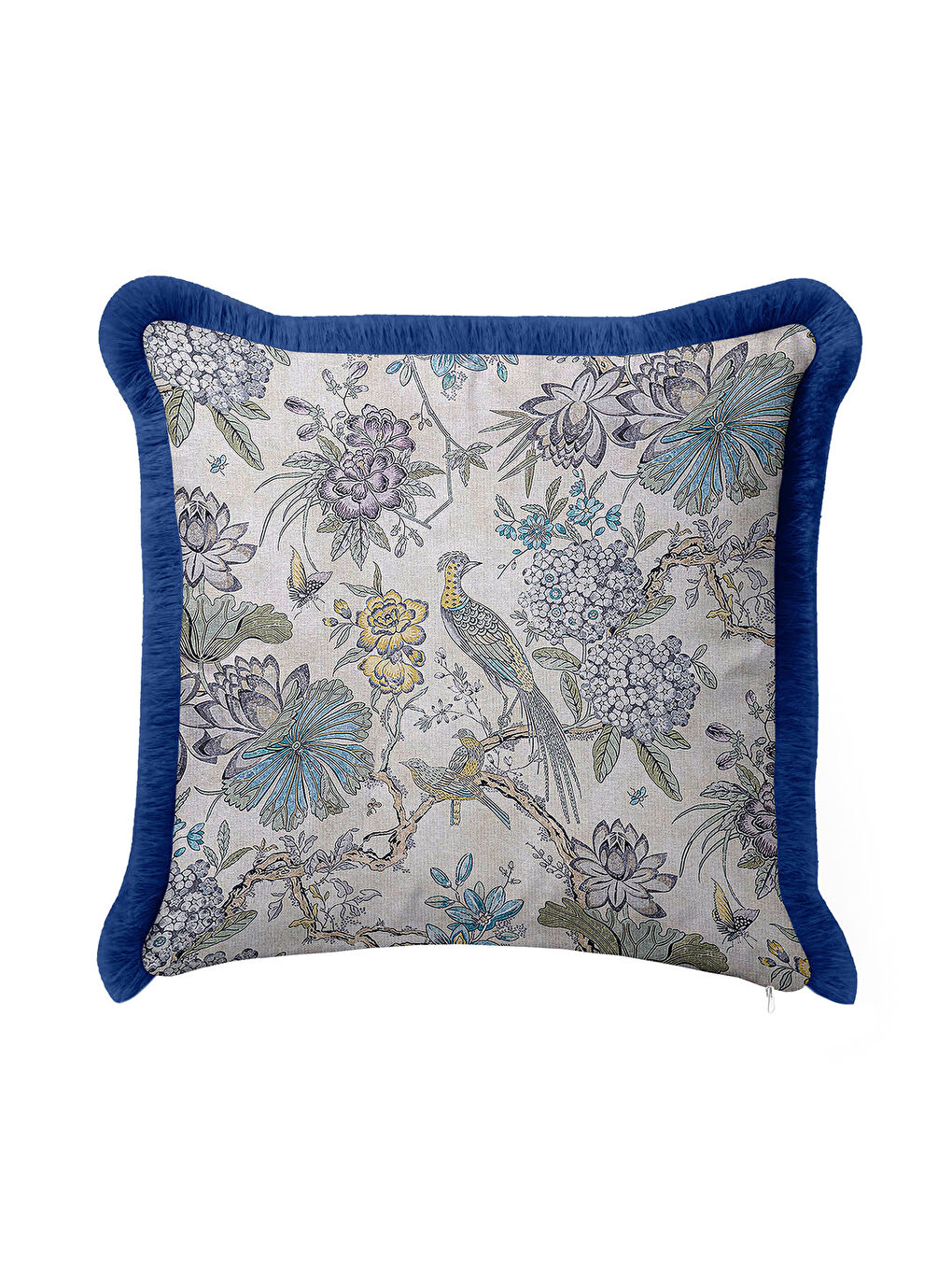 Karışık Doğanın Zarafeti Saçaklı Yastık Kılıfı - Kuş Çiçek Nostaljik Mavi Püsküllü Kırlent Kılıfı-3