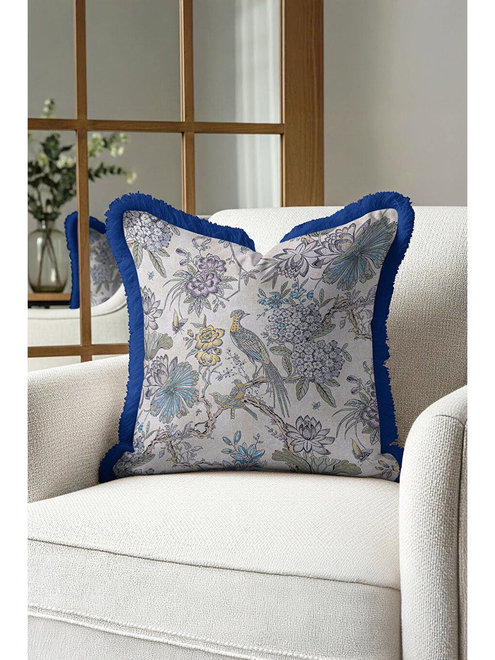 Karışık Doğanın Zarafeti Saçaklı Yastık Kılıfı - Kuş Çiçek Nostaljik Mavi Püsküllü Kırlent Kılıfı-4