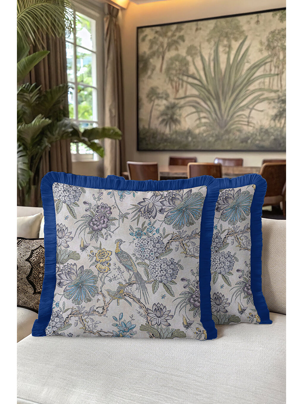 Karışık Doğanın Zarafeti Saçaklı Yastık Kılıfı - Kuş Çiçek Nostaljik Mavi Püsküllü Kırlent Kılıfı-5