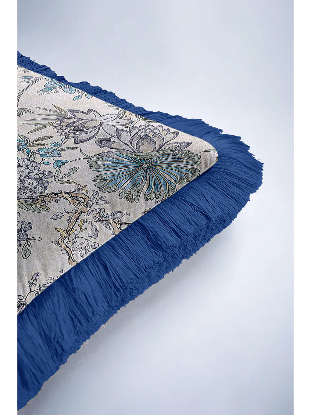 Karışık Doğanın Zarafeti Saçaklı Yastık Kılıfı - Kuş Çiçek Nostaljik Mavi Püsküllü Kırlent Kılıfı-6