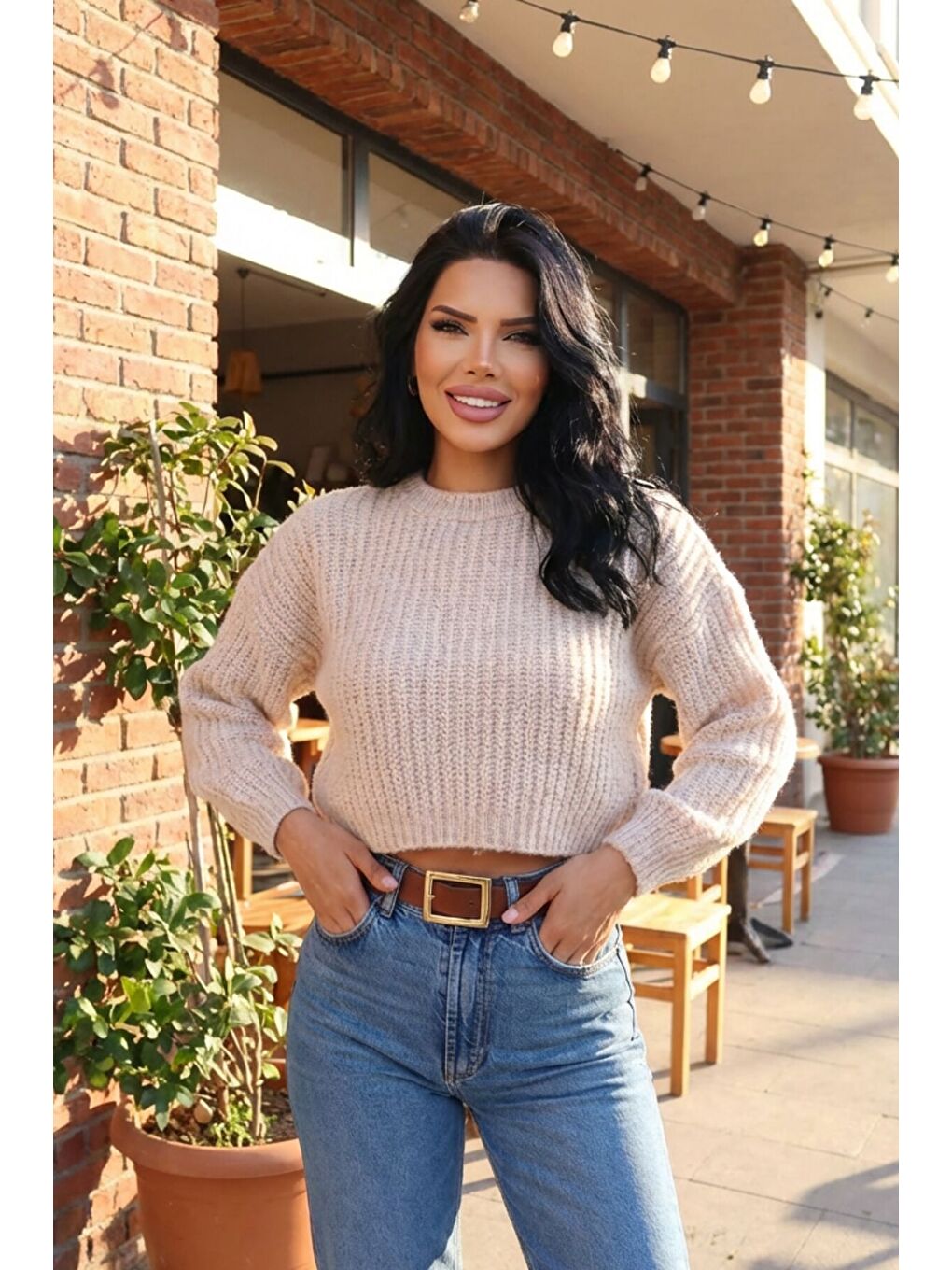 Ekru Bisiklet Yaka Kısa Triko Kazak E-199