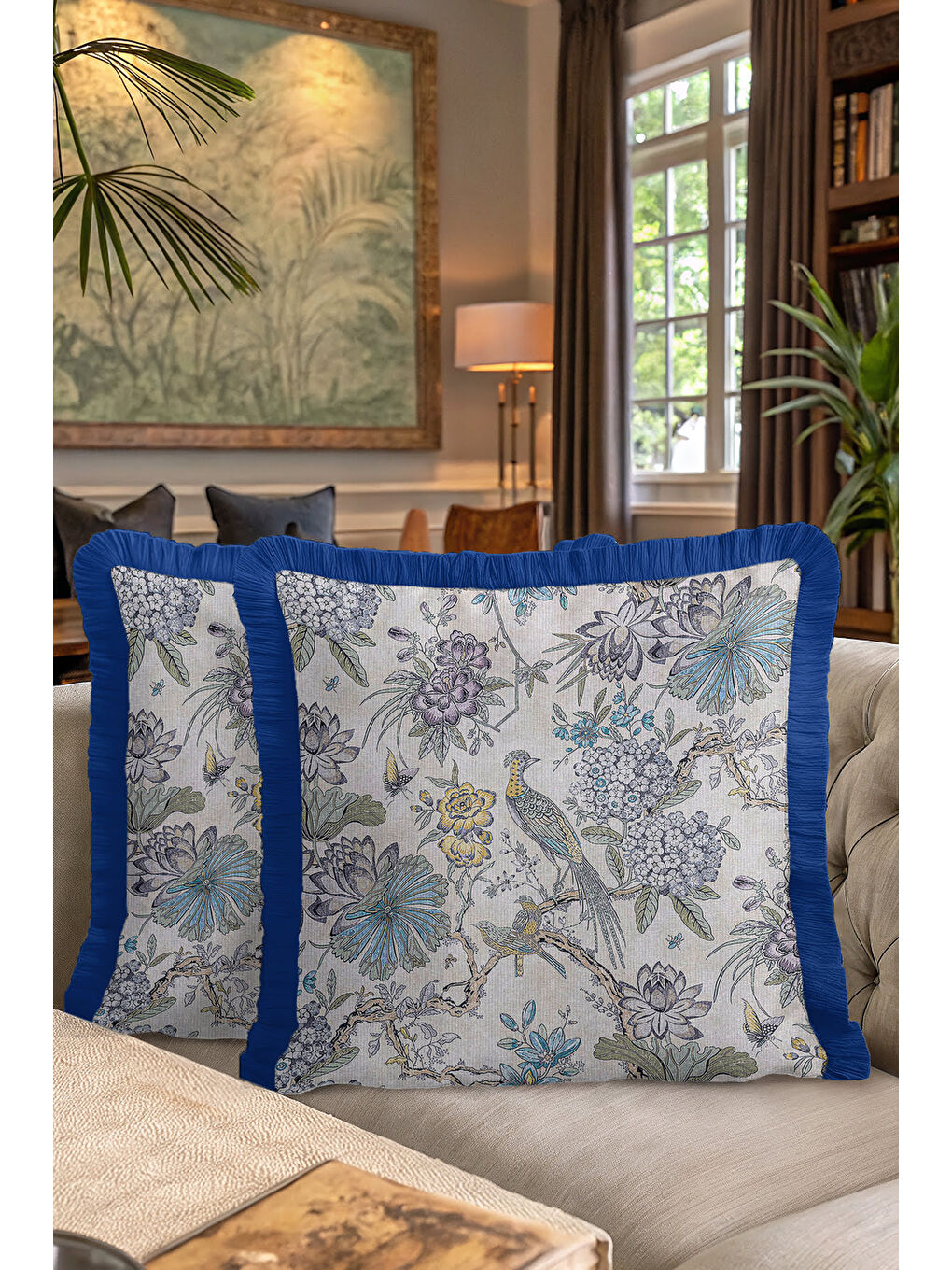 Karışık Doğanın Zarafeti Saçaklı Yastık Kılıfı - Kuş Çiçek Nostaljik Mavi Püsküllü Kırlent Kılıfı-7