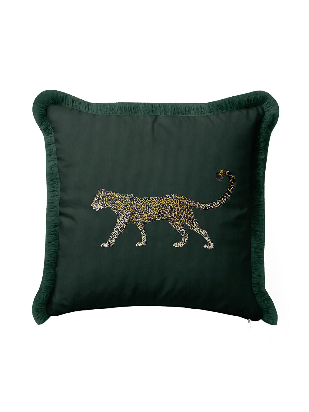 Karışık Lüks Jaguar İşlemeli Saçaklı Yastık Kılıfı - Doğa Temalı Yeşil Bohem Altın Püsküllü Kırlent Kılıfı
