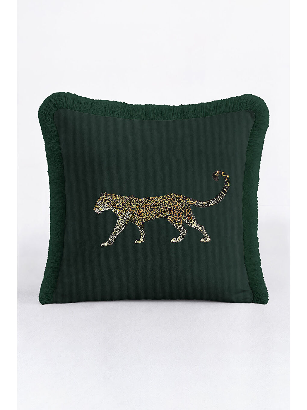 Karışık Lüks Jaguar İşlemeli Saçaklı Yastık Kılıfı - Doğa Temalı Yeşil Bohem Altın Püsküllü Kırlent Kılıfı-1