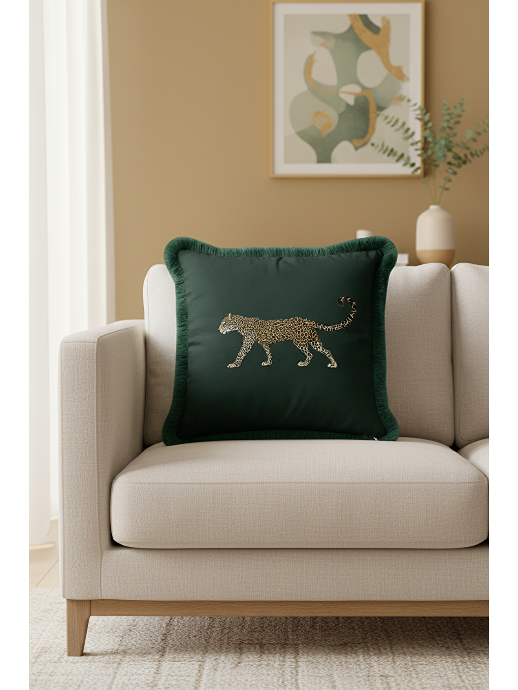Karışık Lüks Jaguar İşlemeli Saçaklı Yastık Kılıfı - Doğa Temalı Yeşil Bohem Altın Püsküllü Kırlent Kılıfı-2