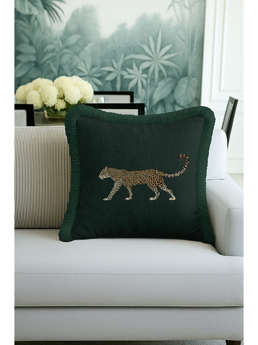 Karışık Lüks Jaguar İşlemeli Saçaklı Yastık Kılıfı - Doğa Temalı Yeşil Bohem Altın Püsküllü Kırlent Kılıfı-3