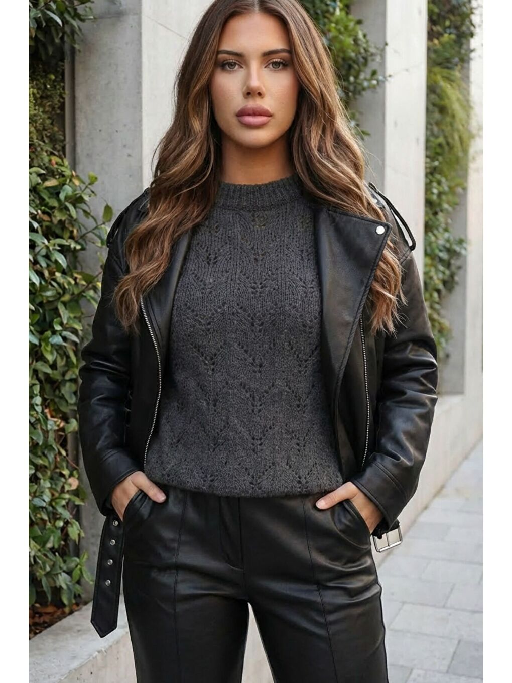 Antrasit Yarım Balıkçı Yaka Desenli Triko Kazak E-133