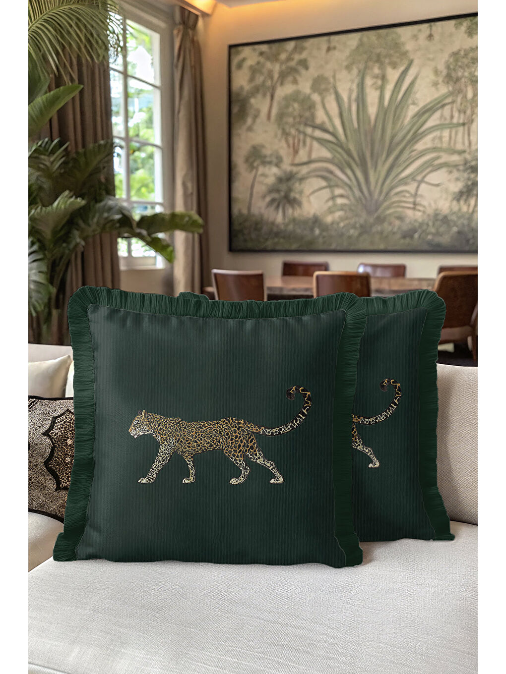 Karışık Lüks Jaguar İşlemeli Saçaklı Yastık Kılıfı - Doğa Temalı Yeşil Bohem Altın Püsküllü Kırlent Kılıfı-5
