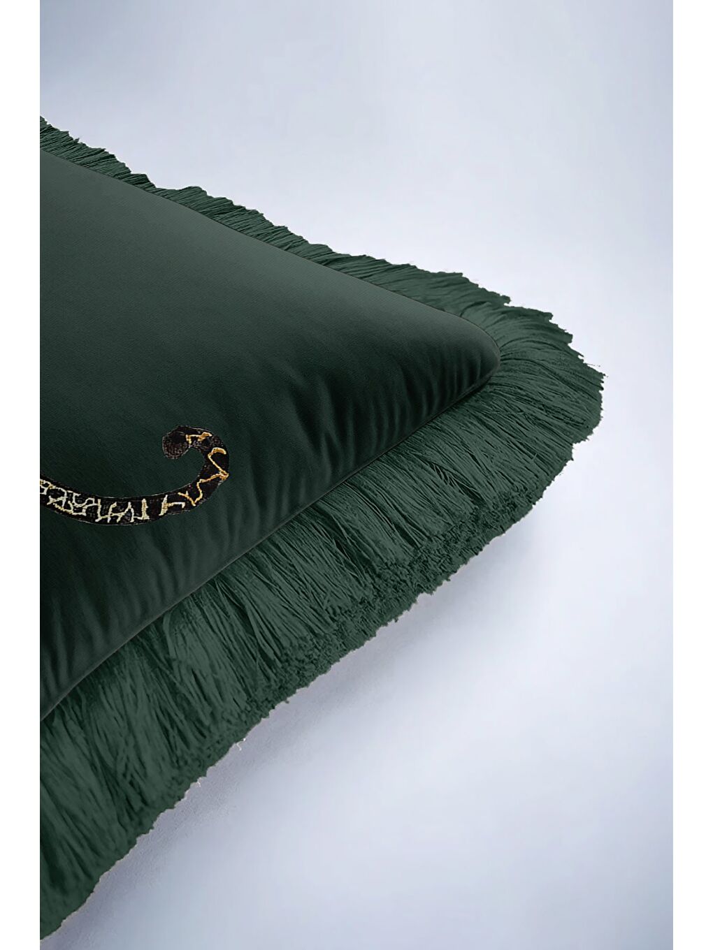 Karışık Lüks Jaguar İşlemeli Saçaklı Yastık Kılıfı - Doğa Temalı Yeşil Bohem Altın Püsküllü Kırlent Kılıfı-6