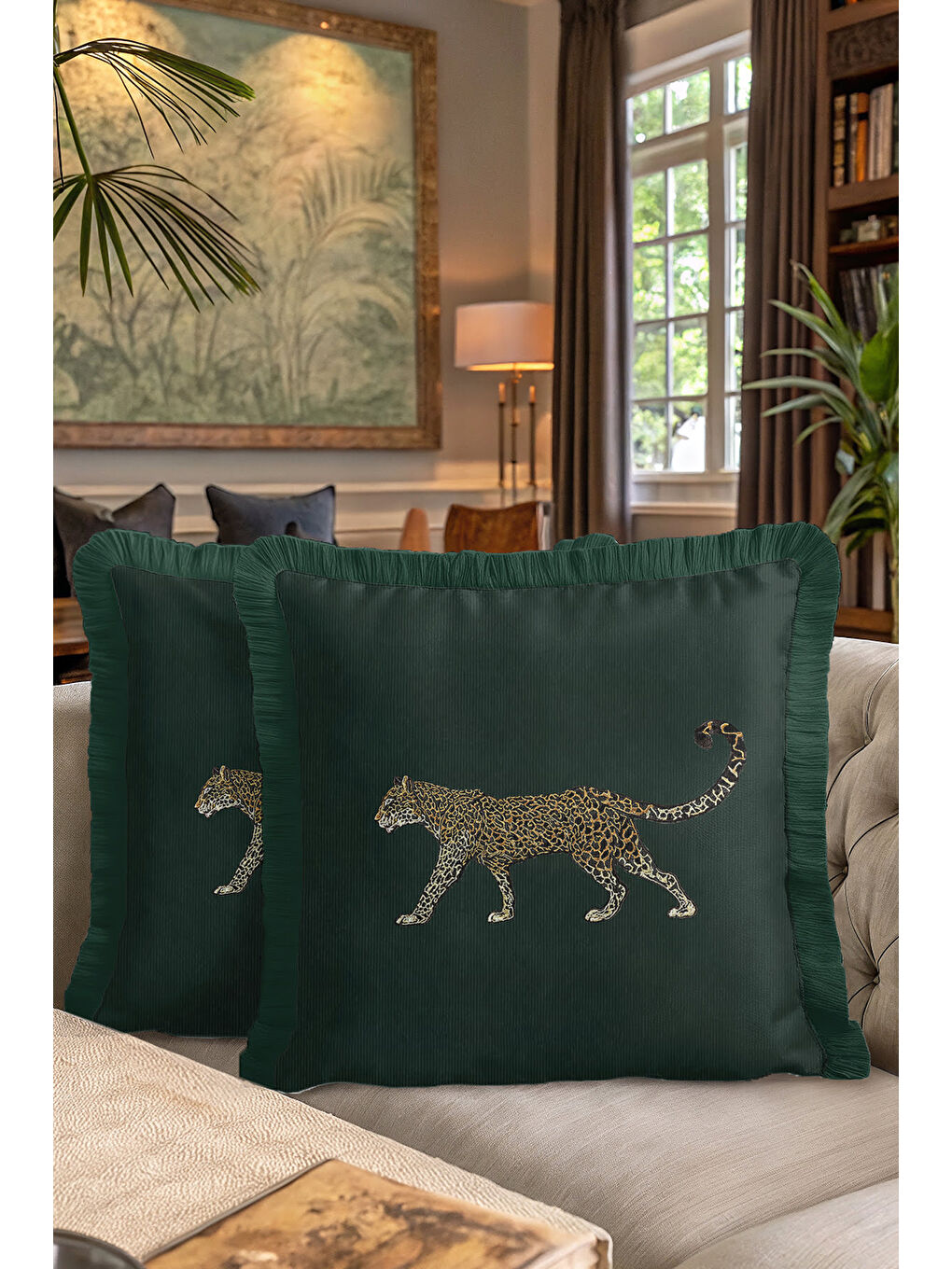 Karışık Lüks Jaguar İşlemeli Saçaklı Yastık Kılıfı - Doğa Temalı Yeşil Bohem Altın Püsküllü Kırlent Kılıfı-7