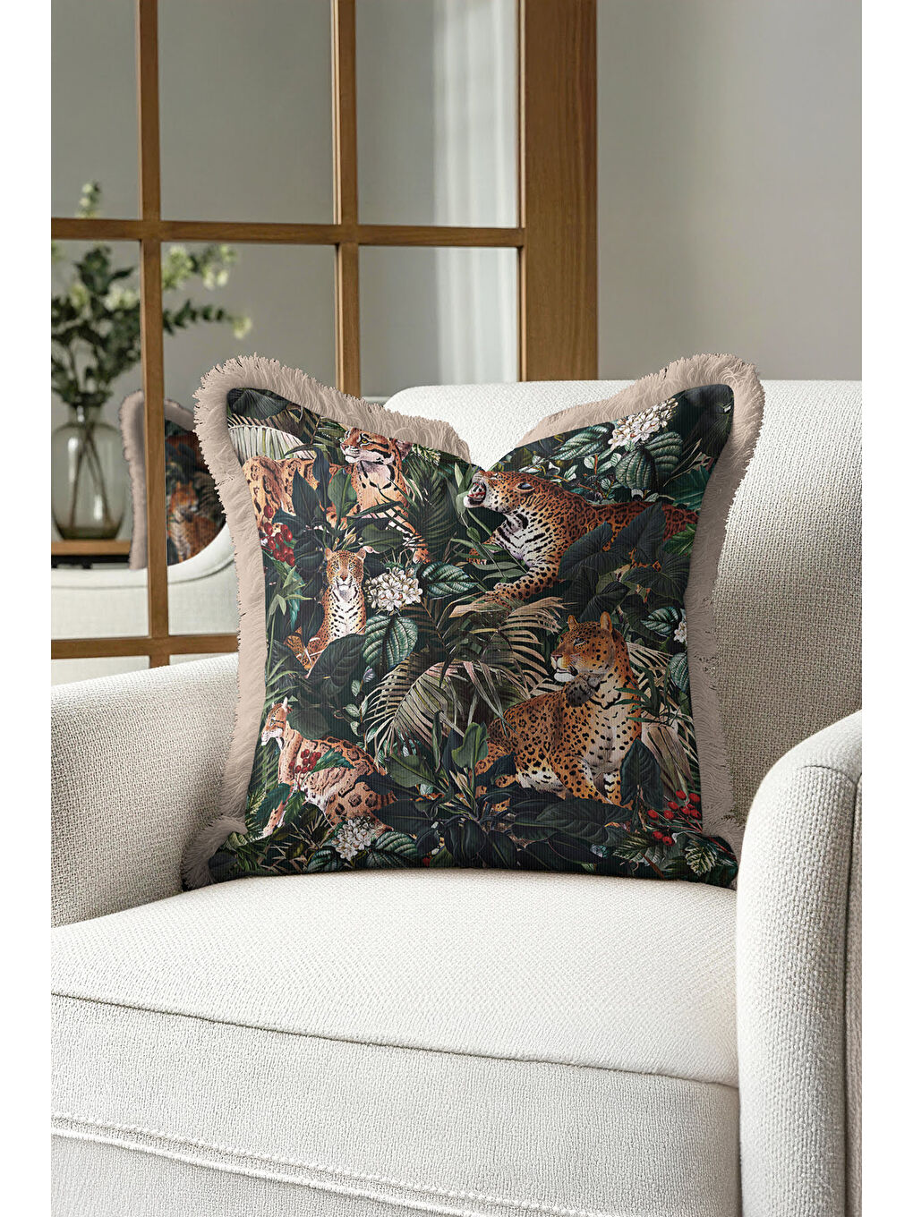 Karışık Orman Leopar Motifli Saçaklı Yastık Kılıfı - Tropikal Bohem Koyu Yeşil Bej Püsküllü Kırlent Kılıfı