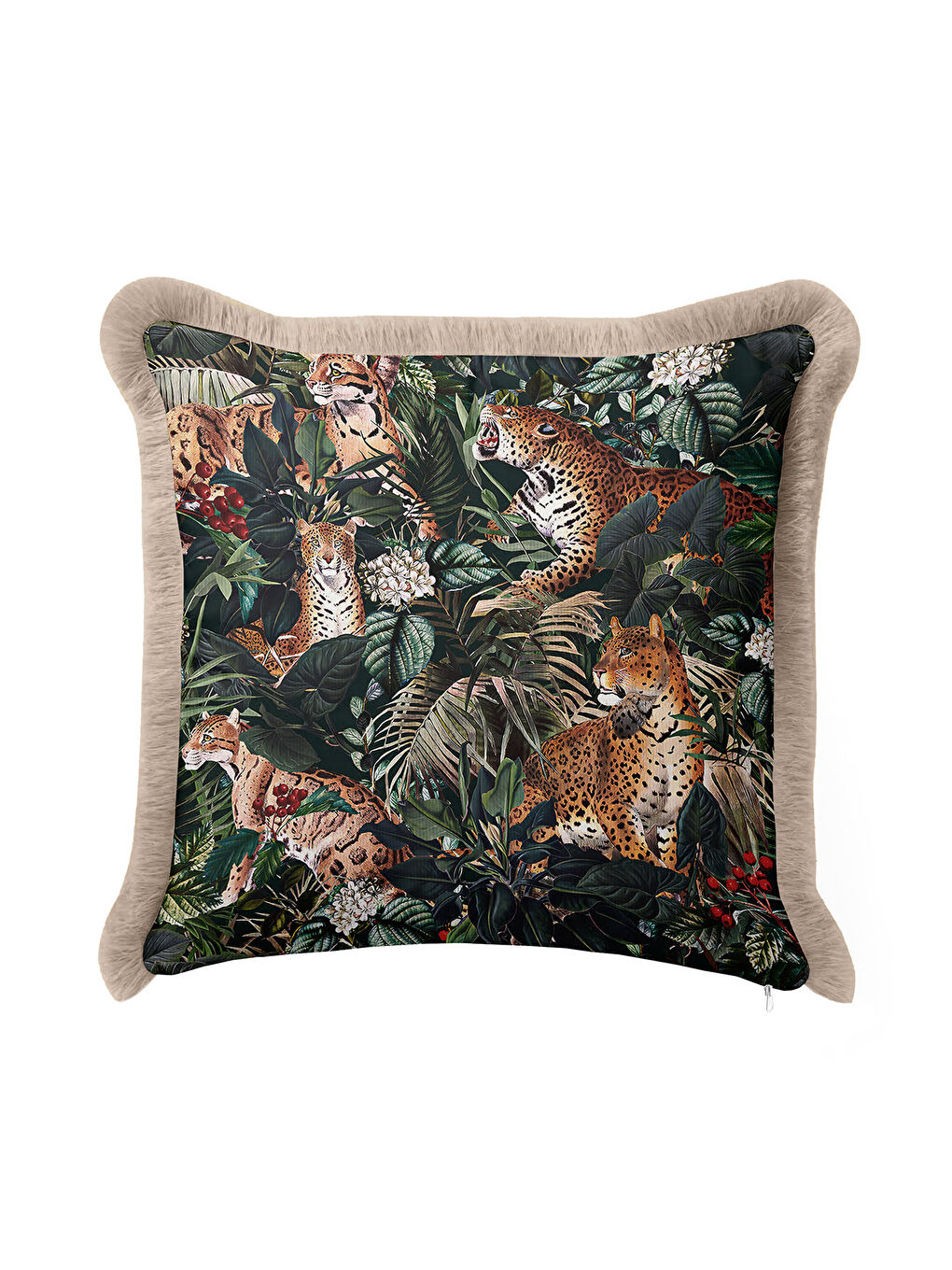 Karışık Orman Leopar Motifli Saçaklı Yastık Kılıfı - Tropikal Bohem Koyu Yeşil Bej Püsküllü Kırlent Kılıfı-1