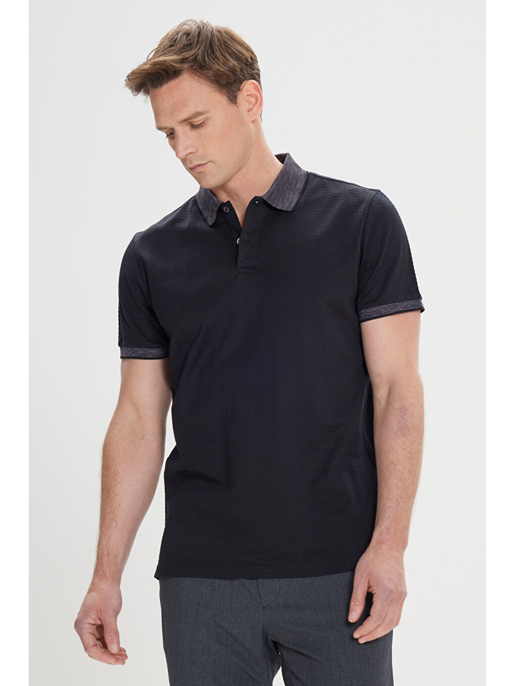 Erkek Siyah-Antrasit Slim Fit Dar Kesim %100 Pamuk Jakarlı Polo Yaka Tişört