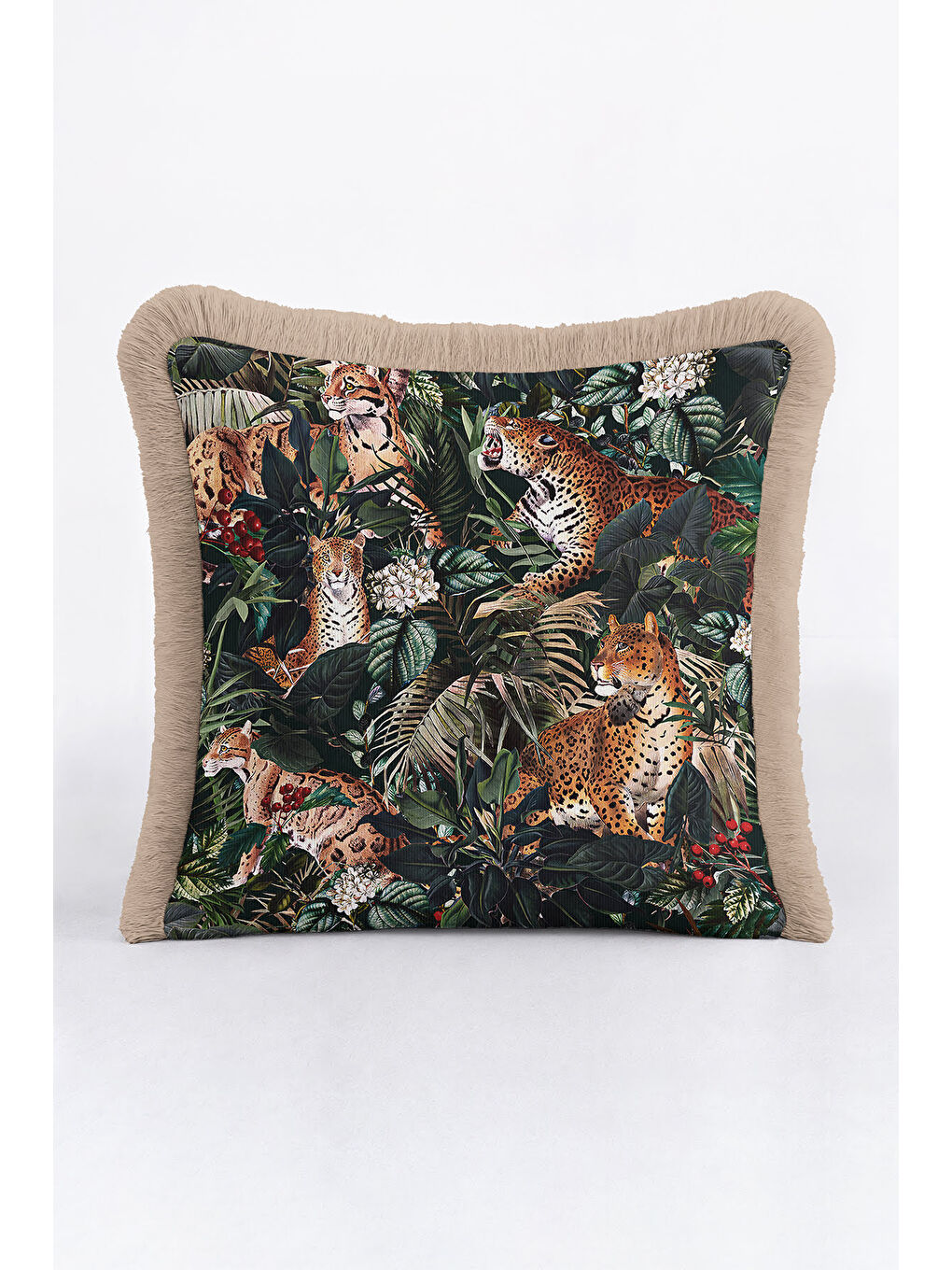 Karışık Orman Leopar Motifli Saçaklı Yastık Kılıfı - Tropikal Bohem Koyu Yeşil Bej Püsküllü Kırlent Kılıfı-2