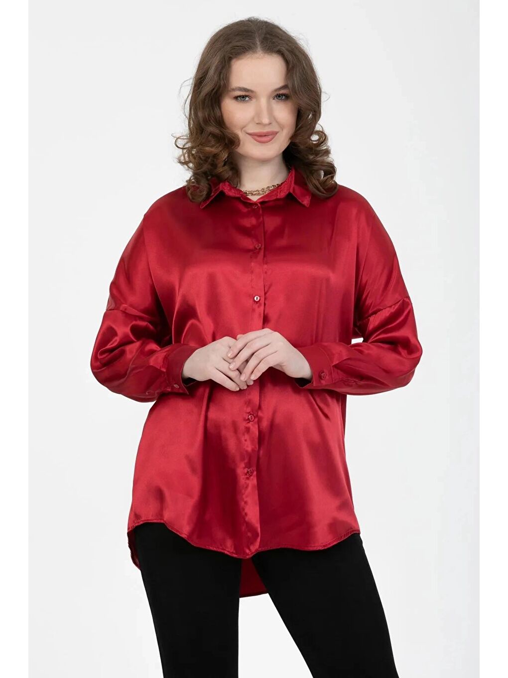 hazelin Bordo Kadın Bordo Oversize Dökümlü Saten Yüzeyli Gömlek HZL23S-BD139851