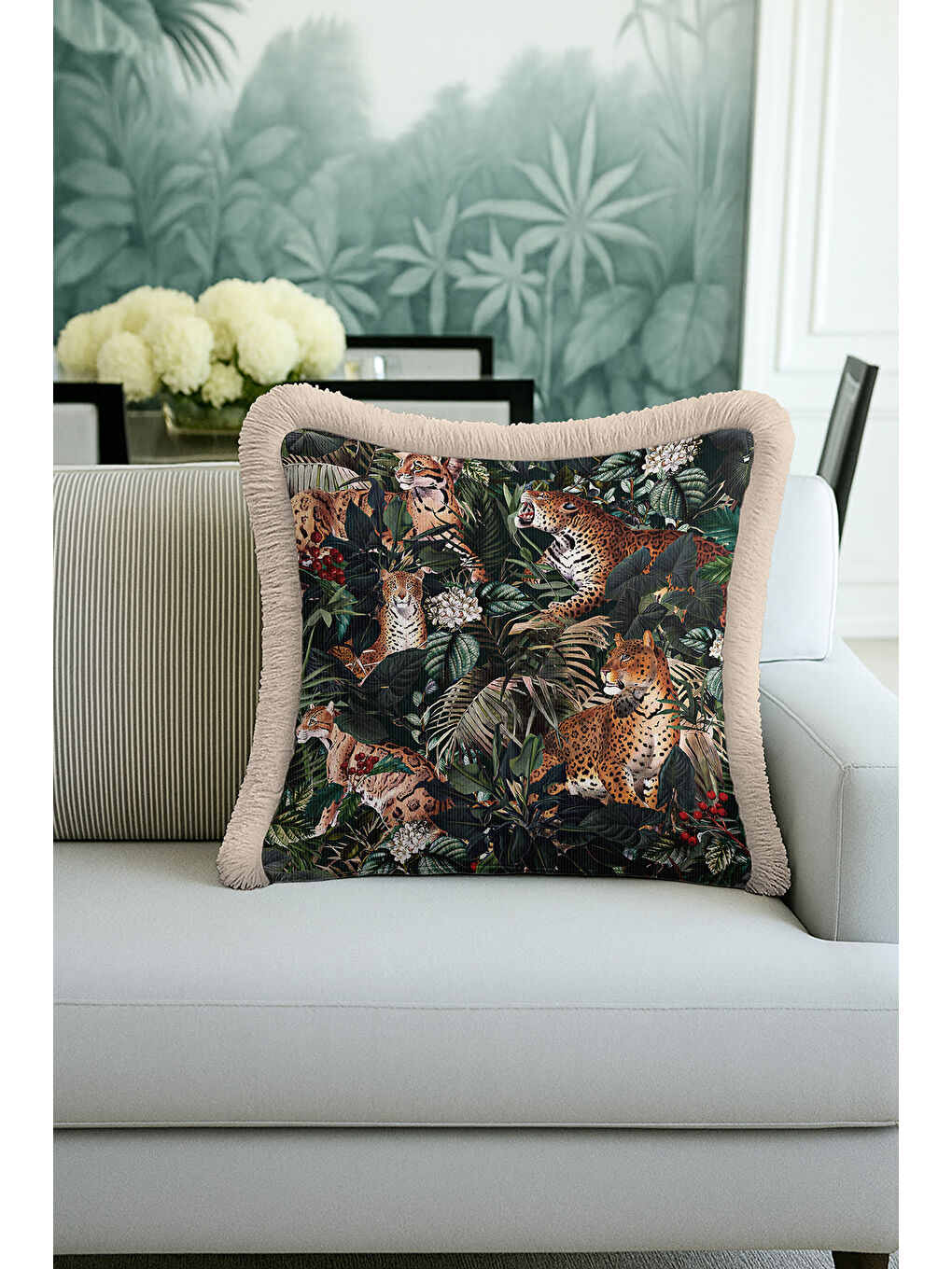 Karışık Orman Leopar Motifli Saçaklı Yastık Kılıfı - Tropikal Bohem Koyu Yeşil Bej Püsküllü Kırlent Kılıfı-3