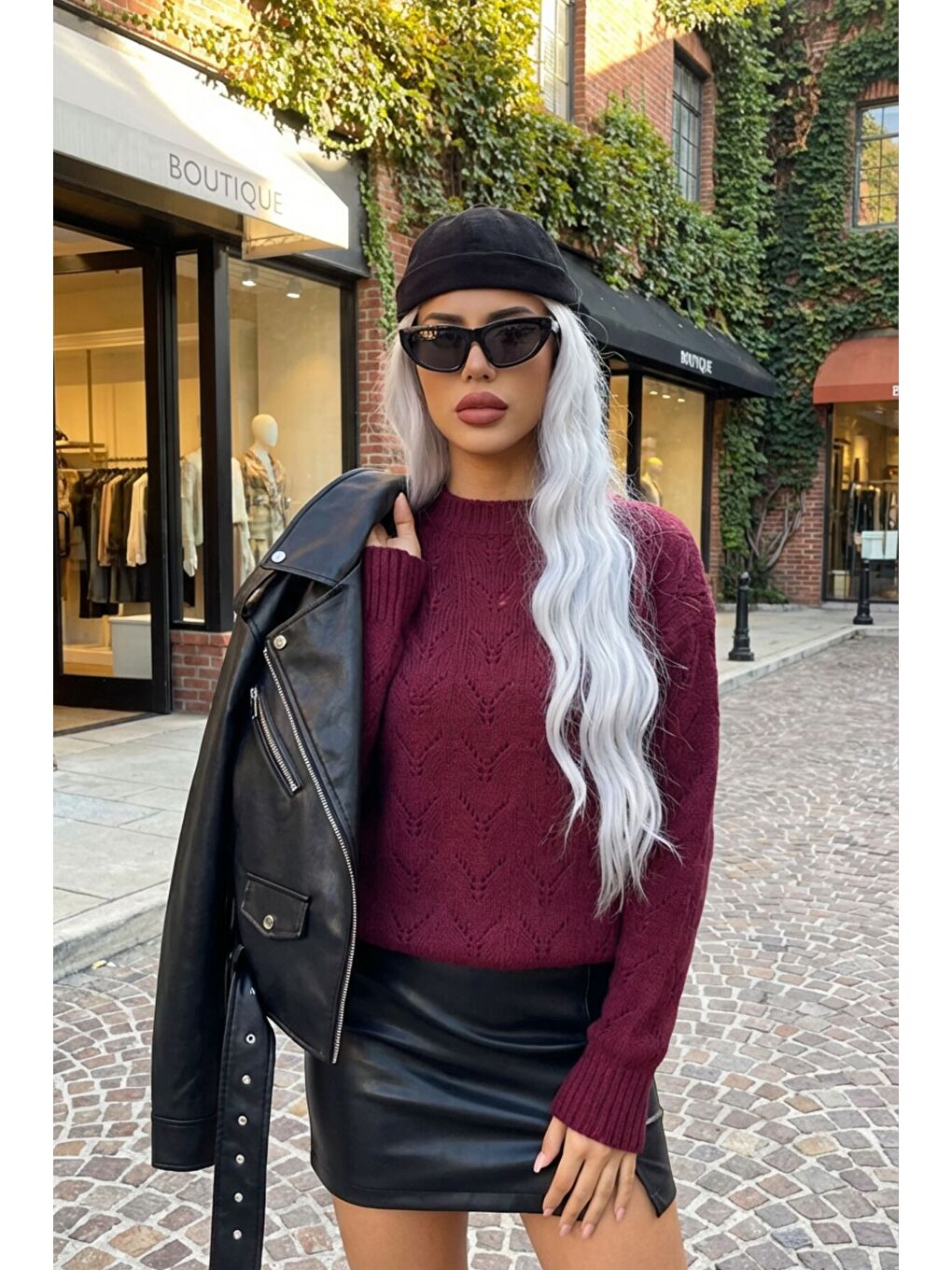 Bordo Yarım Balıkçı Yaka Desenli Triko Kazak E-133