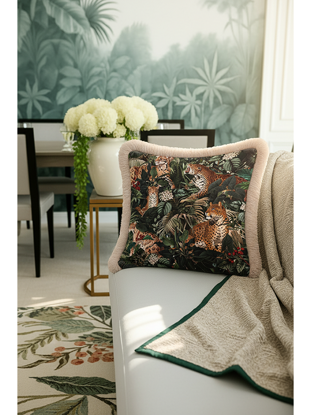 Karışık Orman Leopar Motifli Saçaklı Yastık Kılıfı - Tropikal Bohem Koyu Yeşil Bej Püsküllü Kırlent Kılıfı-4
