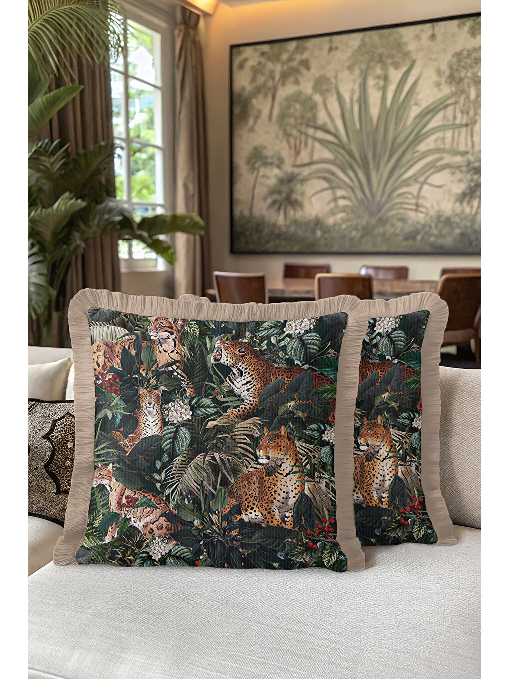 Karışık Orman Leopar Motifli Saçaklı Yastık Kılıfı - Tropikal Bohem Koyu Yeşil Bej Püsküllü Kırlent Kılıfı-5
