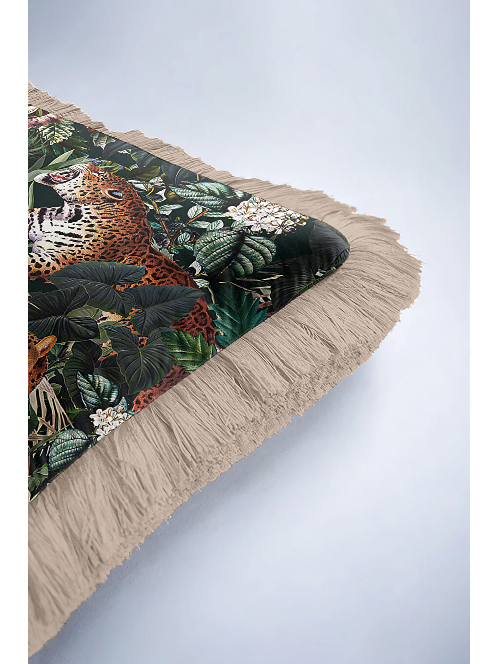 Karışık Orman Leopar Motifli Saçaklı Yastık Kılıfı - Tropikal Bohem Koyu Yeşil Bej Püsküllü Kırlent Kılıfı-6