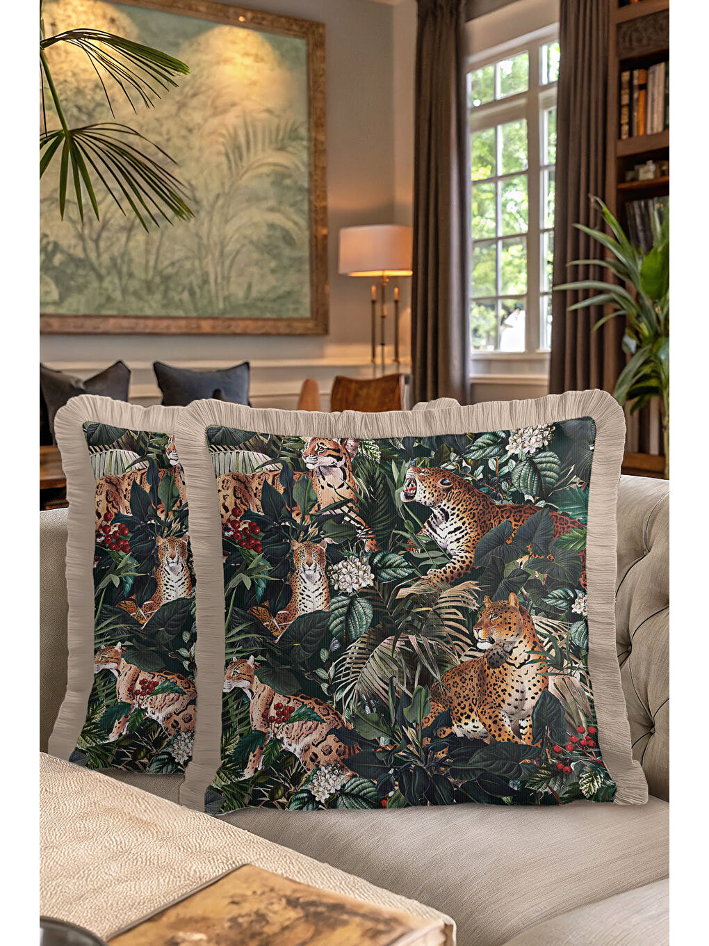 Karışık Orman Leopar Motifli Saçaklı Yastık Kılıfı - Tropikal Bohem Koyu Yeşil Bej Püsküllü Kırlent Kılıfı-7