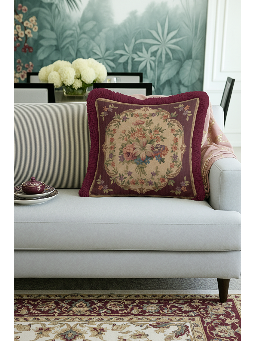 Karışık Saraya Stil Vintage Çiçekli Saçaklı Yastık Kılıfı - Retro Zarif Bordo Gold Püsküllü Kırlent Kılıfı