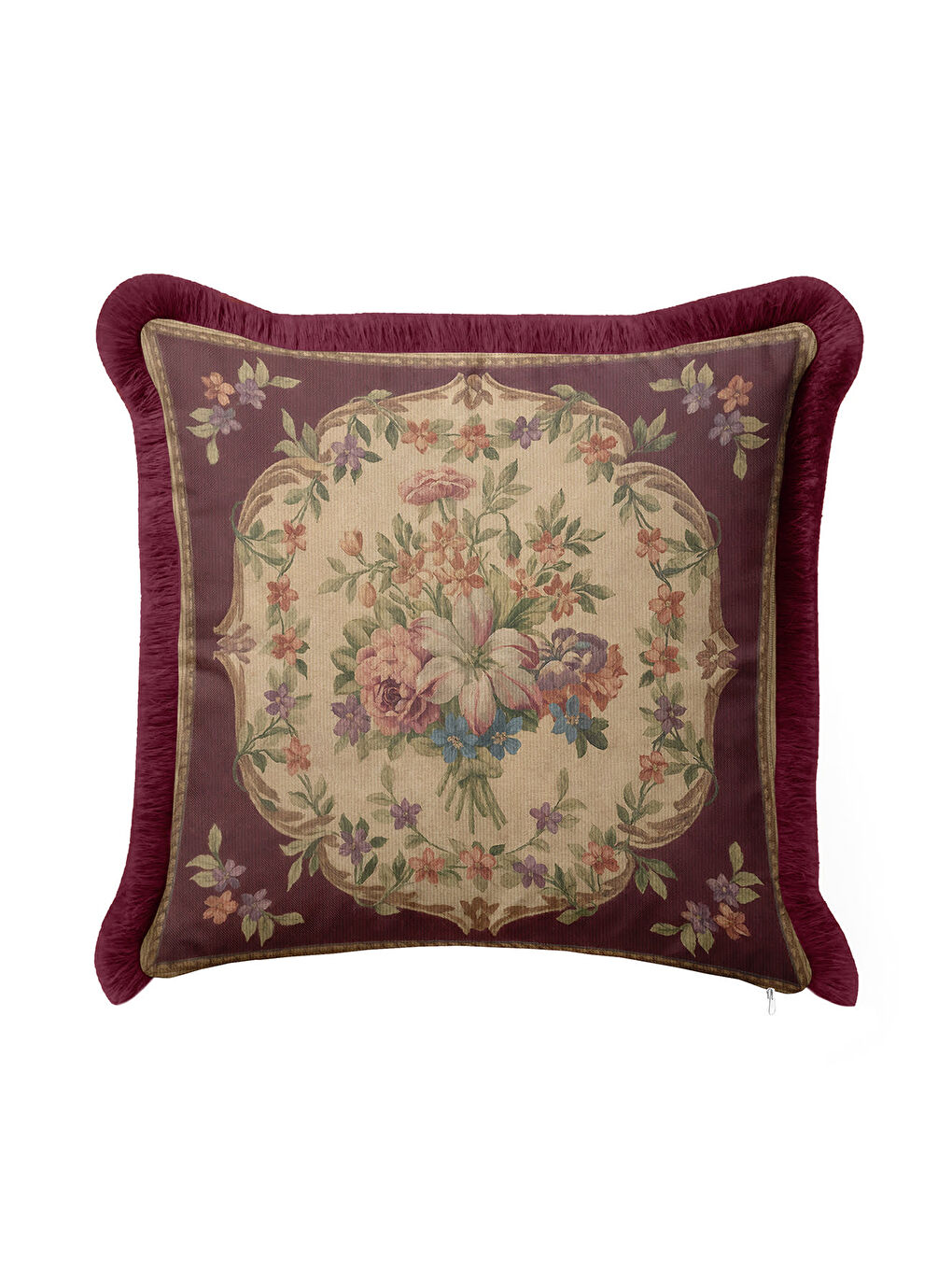 Karışık Saraya Stil Vintage Çiçekli Saçaklı Yastık Kılıfı - Retro Zarif Bordo Gold Püsküllü Kırlent Kılıfı-1