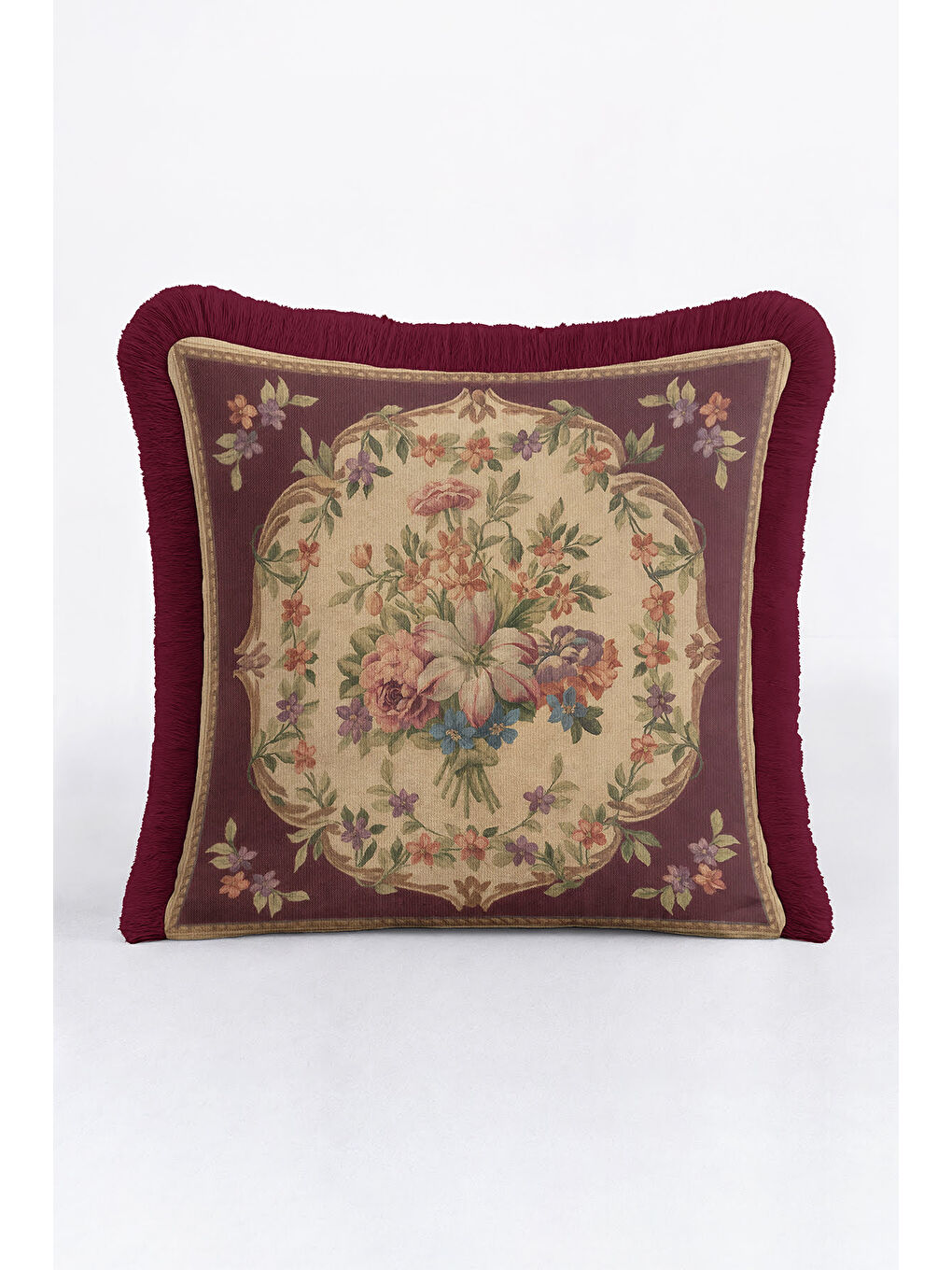 Karışık Saraya Stil Vintage Çiçekli Saçaklı Yastık Kılıfı - Retro Zarif Bordo Gold Püsküllü Kırlent Kılıfı-2