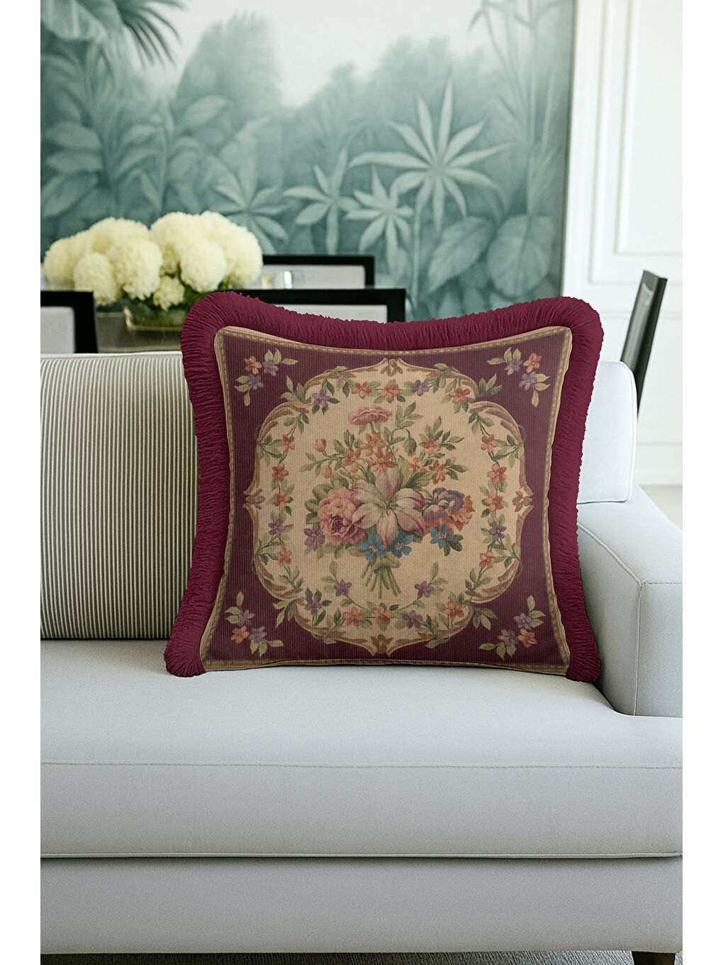 Karışık Saraya Stil Vintage Çiçekli Saçaklı Yastık Kılıfı - Retro Zarif Bordo Gold Püsküllü Kırlent Kılıfı-3