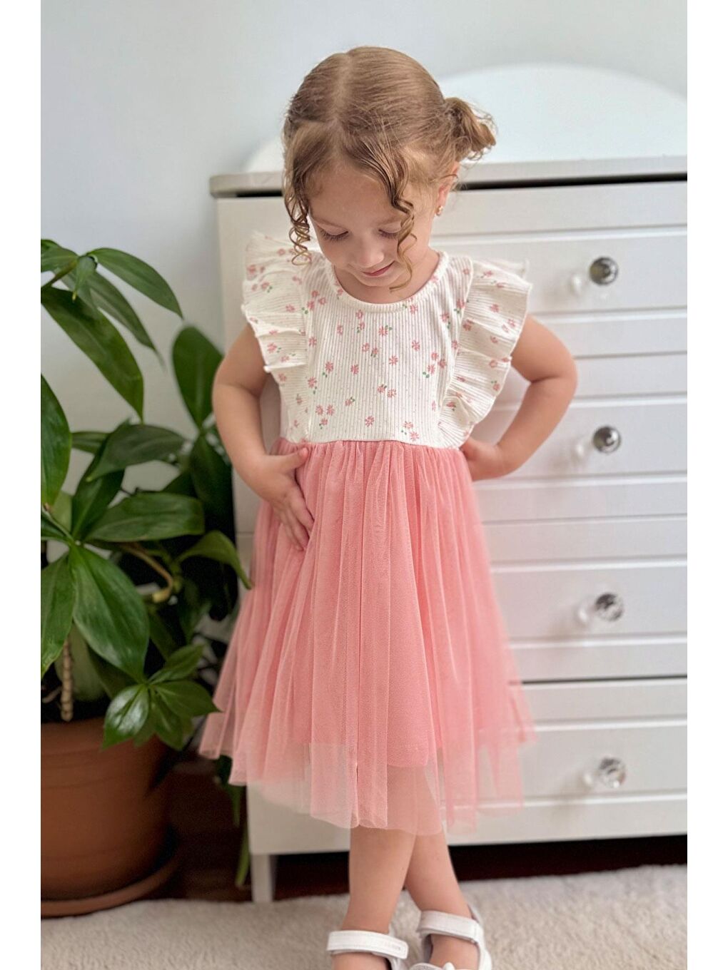 Kız Bebek Elbise Çiçekli Tüllü Fırfırlı Ekru (9 Ay-3 Yaş)-1