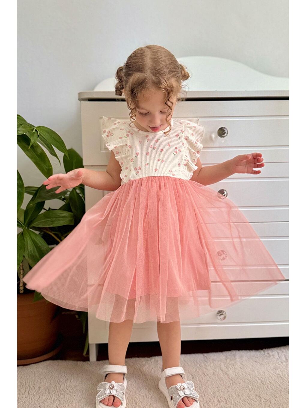 Kız Bebek Elbise Çiçekli Tüllü Fırfırlı Ekru (9 Ay-3 Yaş)-2