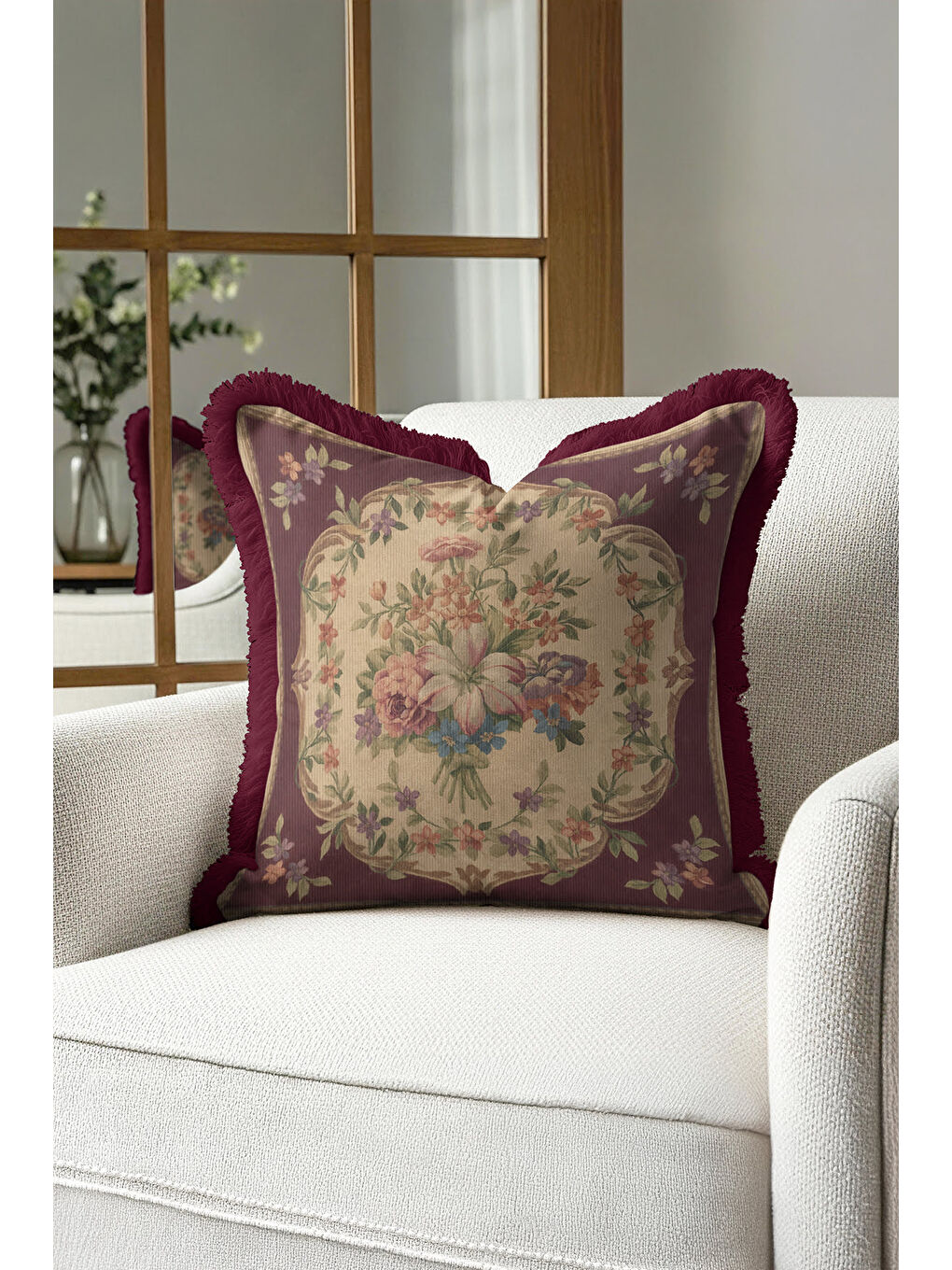 Karışık Saraya Stil Vintage Çiçekli Saçaklı Yastık Kılıfı - Retro Zarif Bordo Gold Püsküllü Kırlent Kılıfı-4